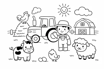 Farmář s traktorem a zvířátky
